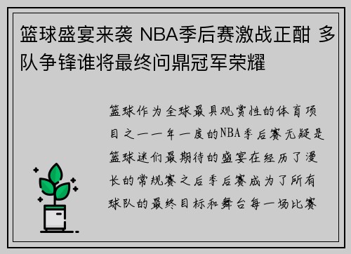 篮球盛宴来袭 NBA季后赛激战正酣 多队争锋谁将最终问鼎冠军荣耀